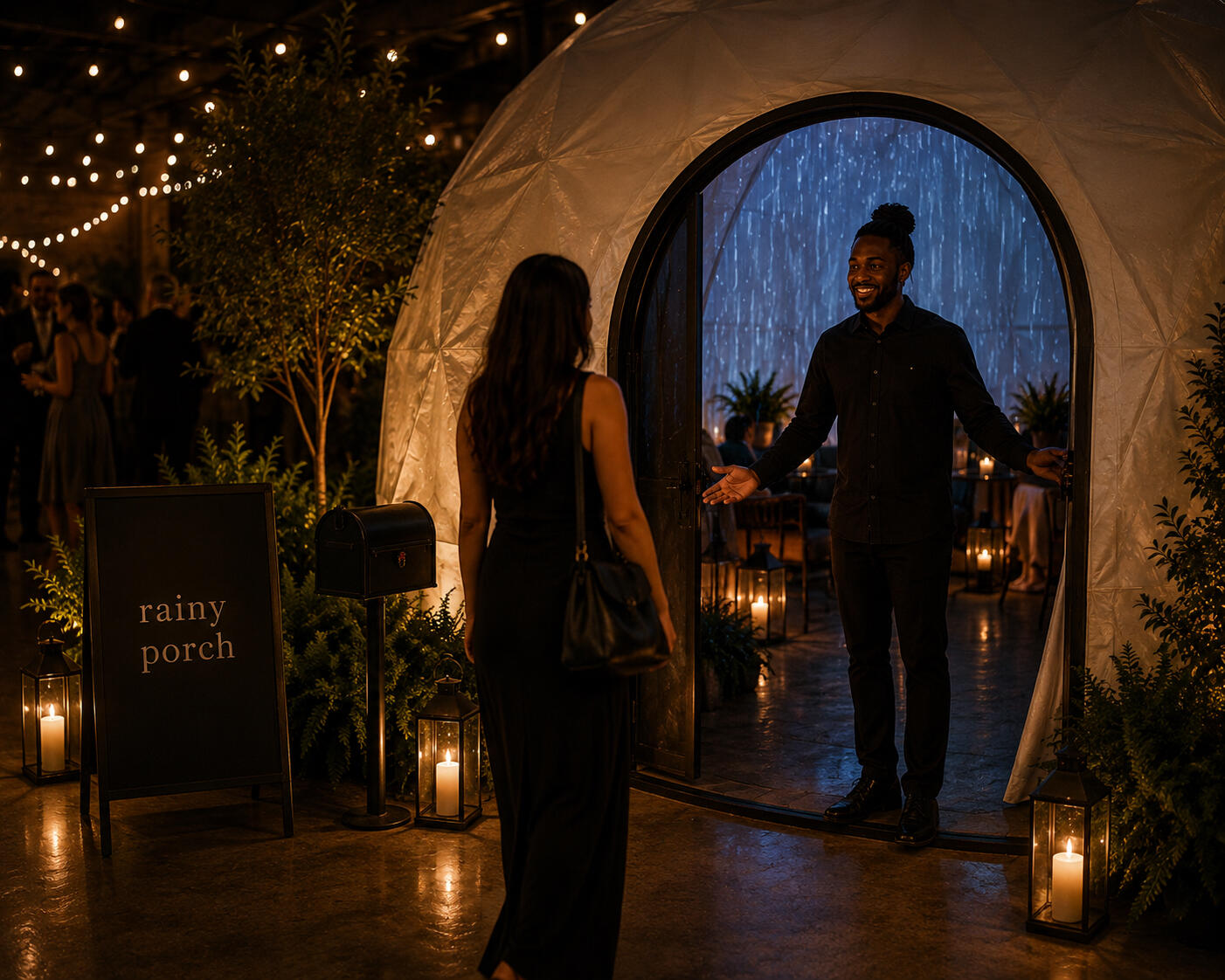 DISCOVER | Step away from the energy of the larger reception and into a slower, immersive world of rain, welcomed by a dedicated Rainy Porch host.